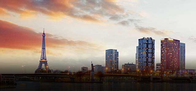 paris skyline at sunset