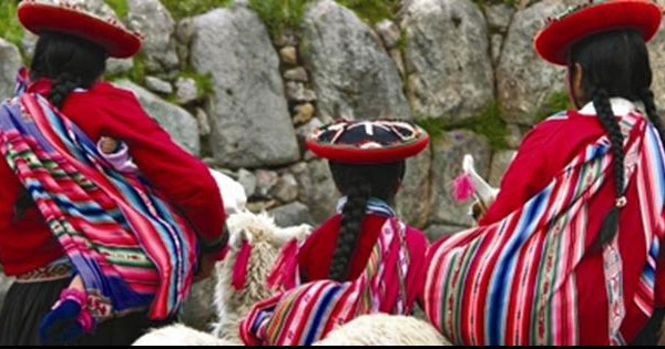 Three Indigenous 秘鲁vian women dressed in traditional red and multicolored clothing, walking with llamas near an ancient stone wall.